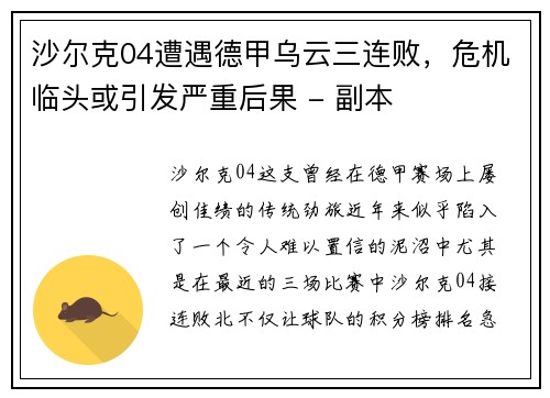 沙尔克04遭遇德甲乌云三连败，危机临头或引发严重后果 - 副本